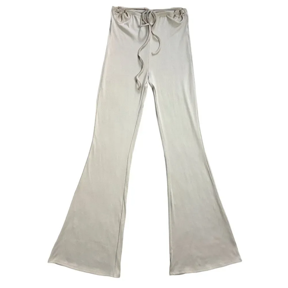 Berska Tan Ribbed O-Ring High Rise Flared Pants